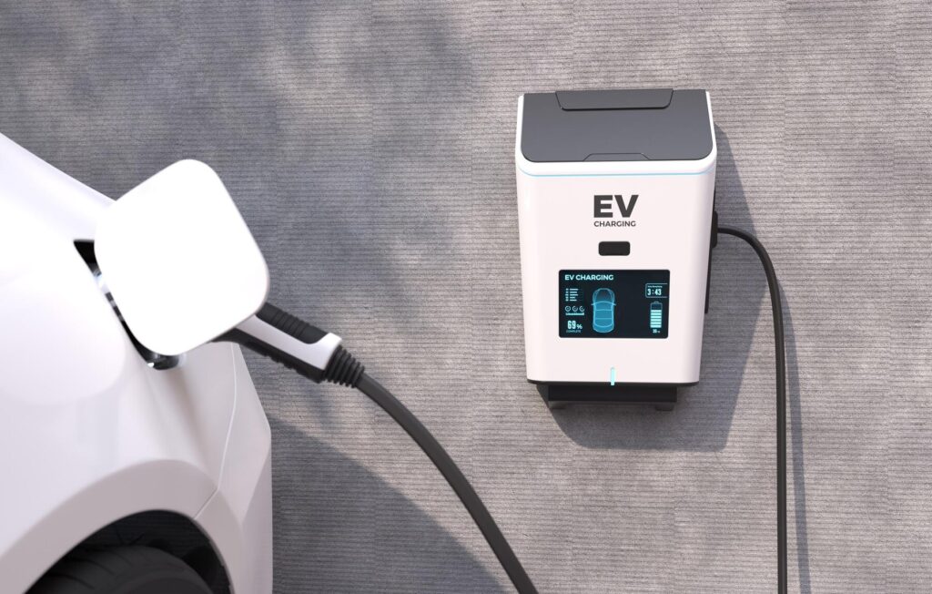 A modern residential EV charging station installed in a home garage, showcasing clean energy technology for electric vehicles.