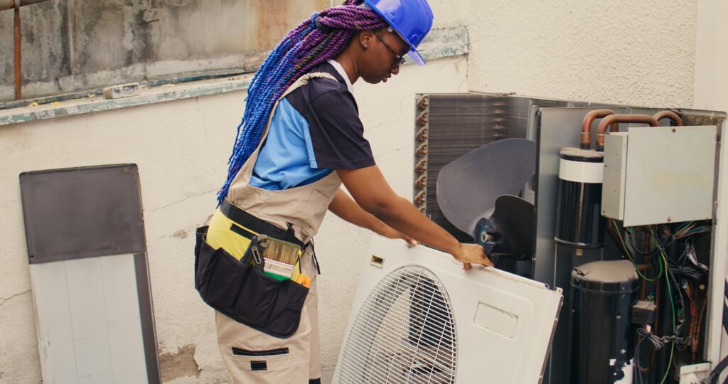 Repair and Maintenance service - technician repairing an air conditioner 